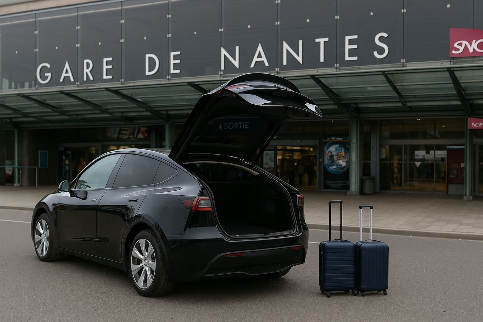 Coffre ouvert d'un véhicule noir avec deux valises devant la gare de Nantes